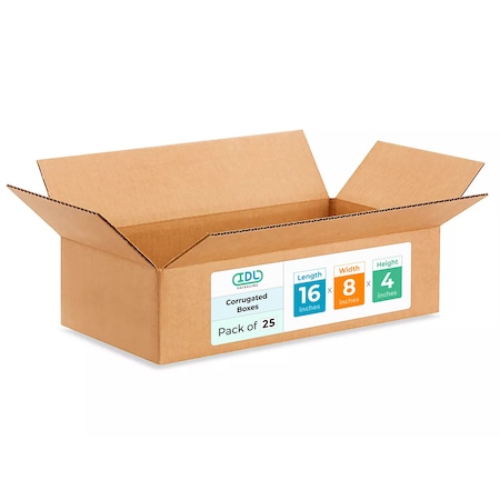 Idl Packaging 16 in x 8 in x 4 in Shipping Box, Kraft, Corrugate, Single Wall, 200#, 25 PK B-1684-25